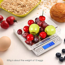 Load image into Gallery viewer, (Upgraded) AMIR Digital Kitchen Scale, 500g Mini Pocket Jewelry Scale, Food Scale, Coffee Scale, Back-Lit LCD Display, 2 Trays, 6 Units, Auto Off, Tare, PCS, Stainless Steel (Batteries Included), Silver_250