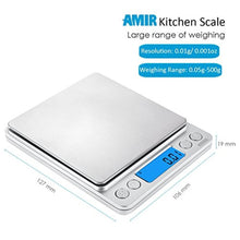 Load image into Gallery viewer, (Upgraded) AMIR Digital Kitchen Scale, 500g Mini Pocket Jewelry Scale, Food Scale, Coffee Scale, Back-Lit LCD Display, 2 Trays, 6 Units, Auto Off, Tare, PCS, Stainless Steel (Batteries Included), Silver_252