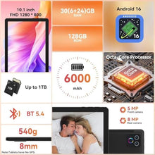 Load image into Gallery viewer, URAO Tablet,10.1" Android Tablet with Octa-core Processor 30GB RAM 128GB ROM HD IPS Touchscreen 8H Battery, Wi-Fi 6, BT 5.4, Dual Camera, Android 16 Tablets 2026, Charcoal_2215