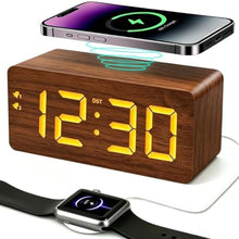 Load image into Gallery viewer, URAYCO Wood Digital Alarm Clock with 10W Fast Wireless Charger, USB Charging Ports, DST, Dimmable, Snooze, Large Number LED Display for Bedrooms, Desk, Living Room Table, Bedside, Nightstand (Brown)_1