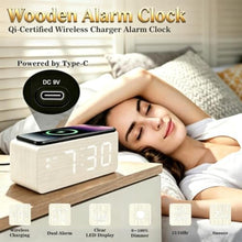 Load image into Gallery viewer, URAYCO Wooden Digital Alarm Clock, 10W Fast Wireless Charger Station & 2 USB Charging Ports, with 0~99% Dimmer, Dual Alarm, Weekday/Weekend Mode, Wood LED Clock for Bedroom, Desk, Office, White_6954