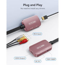 Load image into Gallery viewer, Viagkiki RCA to HDMI Converter, AV to HDMI Adapter,RCA to HDMI Composite Audio Video Converter for PS1, PS2, PS3, STB, Xbox, VHS, VCR,Black-Ray DVD Players(HDMI Cable Included) (Pink)_6420