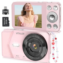 Load image into Gallery viewer, Vitaler Digital Camera,Autofocus 4K FHD Camera for Photography with 32GB Card and OTG,48MP Portable Compact Point and Shoot Digital Camera for Teens Kids Adult Beginner with 18X Zoom, 2000 mAh Battery, Pink_1
