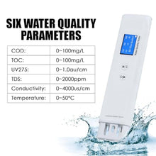 Load image into Gallery viewer, Water Quality Tester for Drinking Water, Portable 6-in-1 TDS Meter TOC, COD, EC, UV275, Temp&TDS, Digital Drinking Water Quality Tester for Home, RV, Hiking, Camping, Travel, Well, Tap, Water Purifier_131