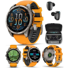 Load image into Gallery viewer, Wearable4U - Garmin Fenix 8 47 mm, AMOLED Sapphire Multisport GPS Smartwatch, Titanium with Spark Orange/Graphite Silicone Band, Built-in LED Flashlight with Black Earbuds Bundle, fenixSapphireTitaniumSparkOrangeGraphite_1