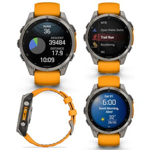 Load image into Gallery viewer, Wearable4U - Garmin Fenix 8 47 mm, AMOLED Sapphire Multisport GPS Smartwatch, Titanium with Spark Orange/Graphite Silicone Band, Built-in LED Flashlight with Black Earbuds Bundle, fenixSapphireTitaniumSparkOrangeGraphite_5557