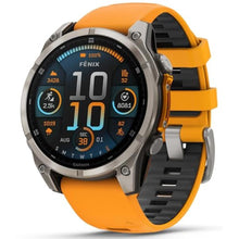 Load image into Gallery viewer, Wearable4U - Garmin Fenix 8 47 mm, AMOLED Sapphire Multisport GPS Smartwatch, Titanium with Spark Orange/Graphite Silicone Band, Built-in LED Flashlight with Black Earbuds Bundle, fenixSapphireTitaniumSparkOrangeGraphite_5559