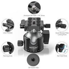 Load image into Gallery viewer, WEYLLAN EH46L Lever Ball Head with Stainless Steel Lock Pin, 46mm Low Profile Heavy Duty Tripod Ball Head Mount with Arca Swiss Quick Release Plate for Tripod Monopod DSLR Camera Camcorder Telescope, Silver_5003