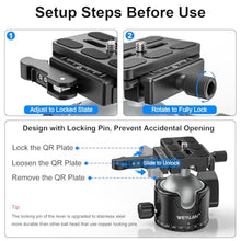 Load image into Gallery viewer, WEYLLAN EH46L Lever Ball Head with Stainless Steel Lock Pin, 46mm Low Profile Heavy Duty Tripod Ball Head Mount with Arca Swiss Quick Release Plate for Tripod Monopod DSLR Camera Camcorder Telescope, Silver_5004