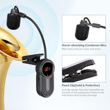 Load image into Gallery viewer, Wireless Saxophone Microphone System for Instruments: UHF Rechargeable Instruments Microphone Receiver and Transmitter - 160ft Range. Plug and Play - Clip-on Mics Suitable for Sax Trumpet, Trombone, LG_4887