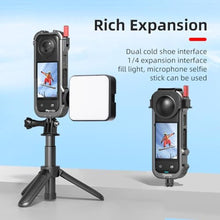 Load image into Gallery viewer, WOENJO Aluminum Frame Cage for Insta360 X4, Protective Case for Insta 360 X4 Accessories, with 1/4" Threads, Cold Shoe Mount, Folding Fingers, Silicone Lens Cap, black_6081