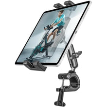 Load image into Gallery viewer, woleyi Metal Tablet Holder Mount for Spin Bike, Peloton, Treadmill Handlebar Clamp, Stationary Bicycle, Indoor Exercise Bike, Elliptical, Stroller for 4-13" iPad Pro Air Mini, Galaxy Tab Z Fold, Phone, Black_1