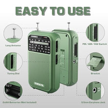 Load image into Gallery viewer, XHDATA D220 Portable AM FM SW Shortwave Receiver Pocket Radio, 2 AA Battery Operated, Transistor Radios with Excellent Reception for Family or Elder (Green)_706