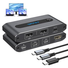 Load image into Gallery viewer, XPTSFDU 4K@60Hz USB C KVM Switch 1 Monitor 2 Computers HDMI KVM Switch 2 Laptops Share 1 Monitor 3 USB Devices with Up to 100W PD Charging for Windows Mac Laptop_1