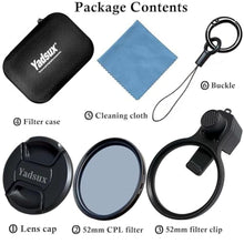 Load image into Gallery viewer, Yadsux 52mm CPL Polarizing Filter Clip-on Lens Kit for iPhone 17, 16, 15, 13, 12, Samsung and Android Phones, with Lens Cap, Filter Case, Cleaning Cloth, black_838