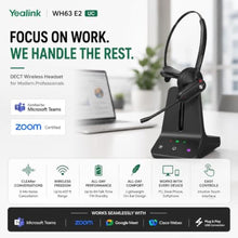 Load image into Gallery viewer, Yealink WH63 E2 Teams Wireless DECT Headset for Microsoft Teams, Convertible Mono Office Headset with Dual Noise Canceling Mics, Acoustic Shield, USB Base, 606 ft Range, 8H Talk Time, Black_82