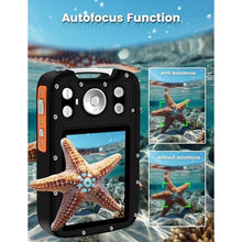 Load image into Gallery viewer, YEEIN Underwater Camera 4K 48MP Autofocus Selfie Dual Screen Waterproof with Floating Strap and 32GB Card, 17FT Compact Waterproof Digital Camera for Snorkeling, Orange_1589