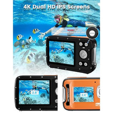 Load image into Gallery viewer, YEEIN Underwater Camera 4K 48MP Autofocus Selfie Dual Screen Waterproof with Floating Strap and 32GB Card, 17FT Compact Waterproof Digital Camera for Snorkeling, Orange_1590
