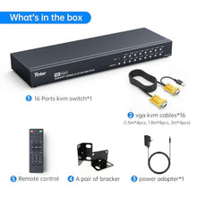 Load image into Gallery viewer, Yinker 16 Port KVM Switch, Rack KVM Console VGA 16x1 w/16-Pack Cables IR Remote & Ears Support HD 1U Rack Cabinet, Black_4249