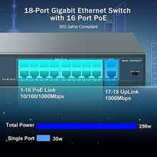Load image into Gallery viewer, YuanLey 16 Port Gigabit PoE Switch with 2 Gigabit Uplink, 16 PoE+ Port 1000Mbps, 250W 802.3af/at, Metal Desktop/Rackmount, Unmanaged Plug and Play Network Switch, Blue_7086