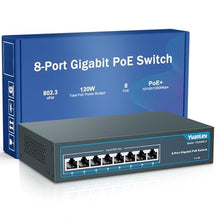 Load image into Gallery viewer, YuanLey 8 Port Gigabit PoE Switch, 8 PoE+ Ports 1000Mbps, 120W 802.3af/at, Metal Fanless Unmanaged Plug and Play, silver_1