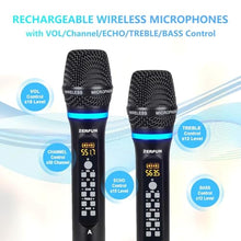 Load image into Gallery viewer, ZERFUN Pro Rechargeable Wireless Microphone System 4 Channel, UHF Metal Handheld Wireless Microphones Cordless Mics with Echo Treble BASS VOL Channel Control for Karaoke Singing Church(GT-200), Black_4616