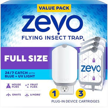 Load image into Gallery viewer, Zevo Flying Insect Trap - Plug-in Indoor Fly Trap and Bug Light Trap Refill with Blue and UV Light - No-Mess Cartridge for House Flies, Fruit Fly Trap and Gnats (1 Plug-in Base and 3 Cartridges), White_1