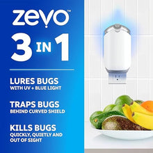 Load image into Gallery viewer, Zevo Flying Insect Trap - Plug-in Indoor Fly Trap and Bug Light Trap Refill with Blue and UV Light - No-Mess Cartridge for House Flies, Fruit Fly Trap and Gnats (1 Plug-in Base and 3 Cartridges), White_1063