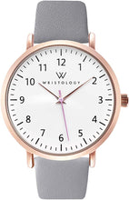 Load image into Gallery viewer, WRISTOLOGY Olivia Rose Gold Womens Watch - for Nurses Large Face Analog Easy to Read Numbers with Second Hand Grey Leather Band