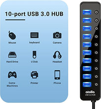 Load image into Gallery viewer, Powered USB 3.0 Hub, atolla 10 Ports USB Data Hub Splitter with Individual ON/Off Switches and 12V/2.5A Power Adapter USB Extension for Mouse, Keyboard, Hard Drive or More USB Devices