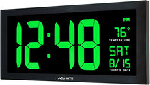 Load image into Gallery viewer, AcuRite 76101M Oversized LED Clock with Indoor Temperature, Date and Fold-Out Stand, 18", Green