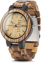 Load image into Gallery viewer, BOBO BIRD Week and Date Multi-Functional Display Men's Zebra Wooden Quartz Watch Lightweight Handmade Casual Wristwatches with Gift Box
