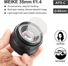 Load image into Gallery viewer, Meike 35mm F1.4 Large Aperture Manual Focus Lens APS-C for Sony E Mount Mirrorless Cameras NEX 3 NEX 3N NEX 5 NEX 5T NEX 5R NEX 6 7 A5000 A5100 A6000 A6100 A6300 A6500 A6600 A6400