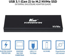 Load image into Gallery viewer, Kingwin NVMe SSD Adapter Enclosure, 10Gbps USB 3.1 Gen 2 to NVMe SSD Case, M.2 Key-M to USB C Adapter Enclosure, PCIe SSD Enclosure USB 3.0 USB C Cables, Support Windows XP / 7/10 / Mac OS