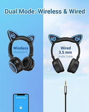 Load image into Gallery viewer, MindKoo Cat Ear Bluetooth Headphones with Microphone, LED Light Up Over Ear Headphones, Volume Control and Foldable Headset for Tablet/PC/iPad/Cell Phones, Gift for Kids Boys & Girls