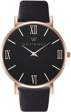 Load image into Gallery viewer, WRISTOLOGY Stella Womens Watch Rose Gold Black Face Roman Numeral Numbers Boyfriend Ladies Black Leather Strap Band