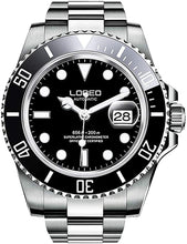 Load image into Gallery viewer, LOREO Mens Silver Stainless Steel Sapphire Glass Black Rotating Bezel Men's Automatic Watch