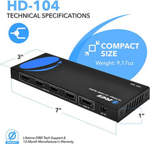 Load image into Gallery viewer, 4K 1x4 HDMI Splitter by OREI - 1 Port to 4 HDMI Display Duplicate/Mirror - Powered Splitter Ver 1.4 Certified for Full HD 1080P High Resolution & 3D Support (One Input To Four Outputs) - HD-104 Black