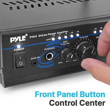 Load image into Gallery viewer, Home Audio Power Amplifier System - 2X120W Mini Dual Channel Mixer Sound Stereo Receiver Box w/ RCA, AUX, Mic Input - For Amplified Speakers, PA, CD Player, Theater, Studio Use - Pyle PTA4 Black