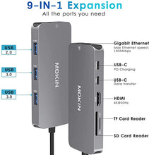 Load image into Gallery viewer, USB C Adapters for MacBook Pro/Air,Mac Dongle with 3 USB Port,USB C to HDMI, USB C to RJ45 Ethernet,MOKiN 9 in 1 USB C to HDMI Adapter,100W Pd Charging, USB C to SD/TF Card Reader USB C Hub