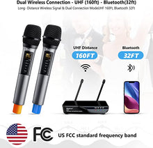 Load image into Gallery viewer, Bietrun Wireless Microphone with Echo, Treble, Bass & Bluetooth, 160 FT Range, UHF Portable Dual Handheld Karaoke Dynamic Microphone System, for Karaoke Machine, Party Singing, Wedding, Amp, PA System