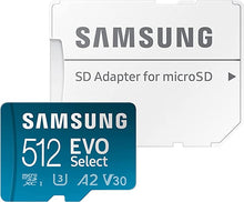 Load image into Gallery viewer, SAMSUNG EVO Select + Adapter 512GB microSDXC 130MB/s Full HD & 4K UHD, UHS-I, U3, A2, V30 (MB-ME512KA/AM)