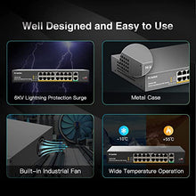 Load image into Gallery viewer, MokerLink 16 Port PoE Switch with 2 Gigabit Uplink Ethernet Port, 250W High Power, Support IEEE802.3af/at, Rackmount Unmanaged Plug and Play
