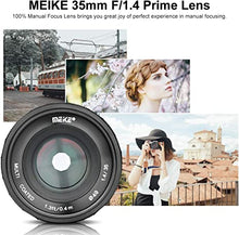 Load image into Gallery viewer, Meike 35mm F1.4 Large Aperture Manual Focus Lens APS-C for Sony E Mount Mirrorless Cameras NEX 3 NEX 3N NEX 5 NEX 5T NEX 5R NEX 6 7 A5000 A5100 A6000 A6100 A6300 A6500 A6600 A6400