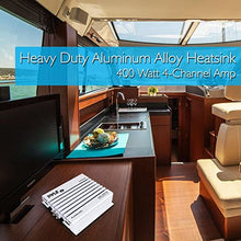 Load image into Gallery viewer, Pyle Hydra Marine Amplifier - Upgraded Elite Series 400 Watt 4 Channel Audio Amplifier - Waterproof, Dual MOSFET Power Supply, GAIN Level Controls, RCA Stereo Input & LED Indicator (PLMRA400)