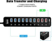 Load image into Gallery viewer, Powered USB 3.0 Hub, Atolla USB 3.0 Data Hub 11 Ports - 7 USB 3.0 Data Ports + 4 Smart Charging Port with Individual On/Off Switches and 12V/4A Power Adapter USB Hub 3.0 Splitter