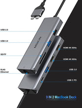 Load image into Gallery viewer, MacBook Pro Docking Station Dual Monitor MacBook Pro HDMI Adapter,9 in 1 USB C Adapters for MacBook Pro Air Mac HDMI Dock Dongle Dual USB C to Dual HDMI Ethernet 3USB SD/TF100W PD