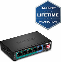 Load image into Gallery viewer, TRENDnet 5-Port Gigabit Long Range PoE+ Switch, TPE-LG50, 4 x PoE+ Ports, 1 x Gigabit Port, Camera DIP Switch extends PoE+ 200m (656 ft.), Lifetime Protection Black