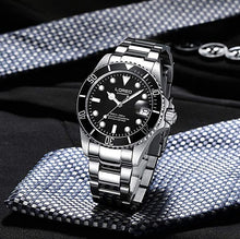 Load image into Gallery viewer, LOREO Mens Silver Stainless Steel Sapphire Glass Black Rotating Bezel Men's Automatic Watch