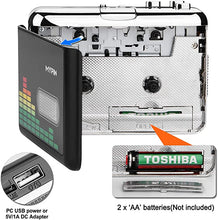 Load image into Gallery viewer, USB Cassette to MP3 Converter, Portable Walkman Cassette Audio Music Player Tape-to-MP3 Converter with Earphones, Volume Control, No PC Required (Black)